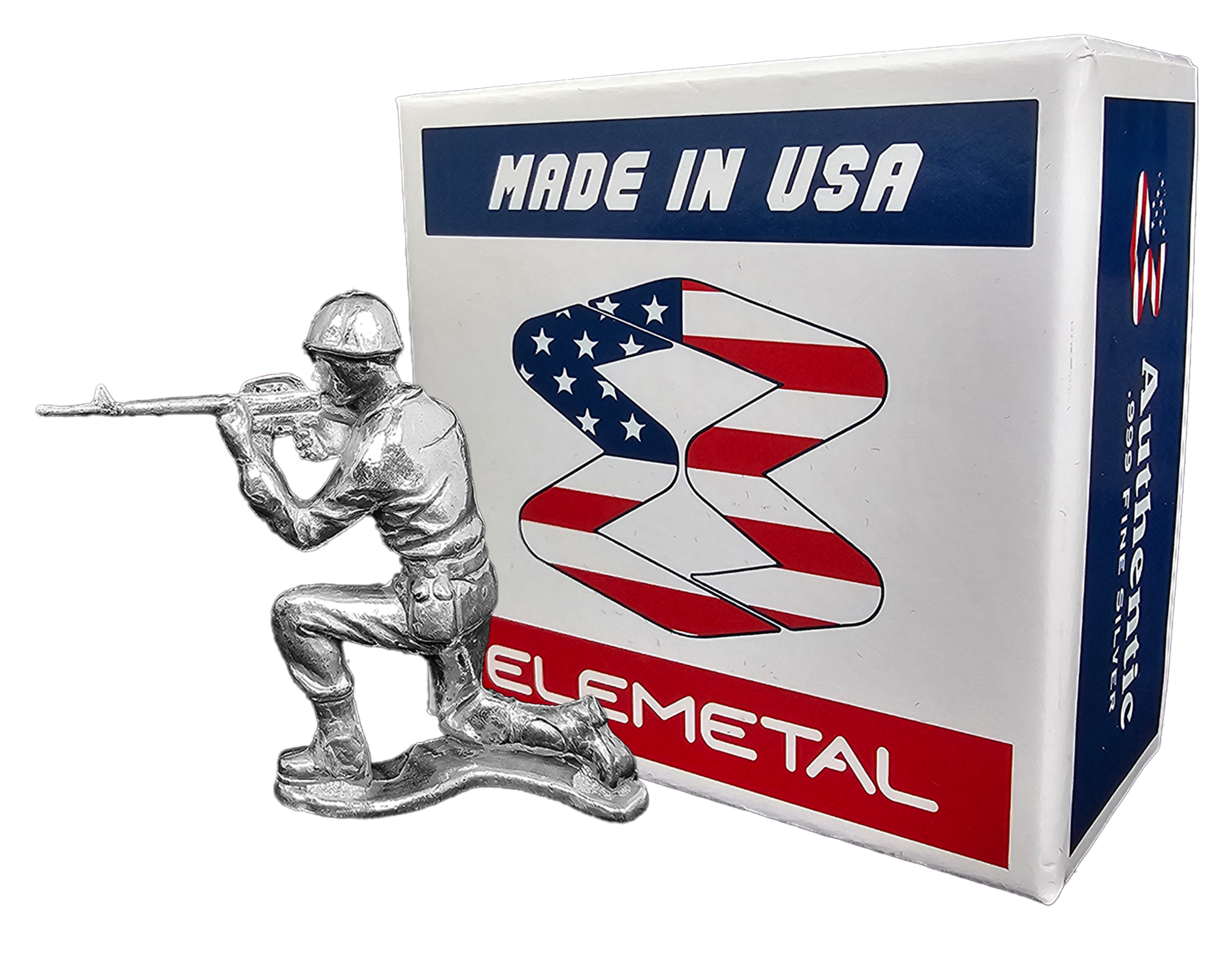 Kneeling Rifleman Silver Soldier — Back + Box