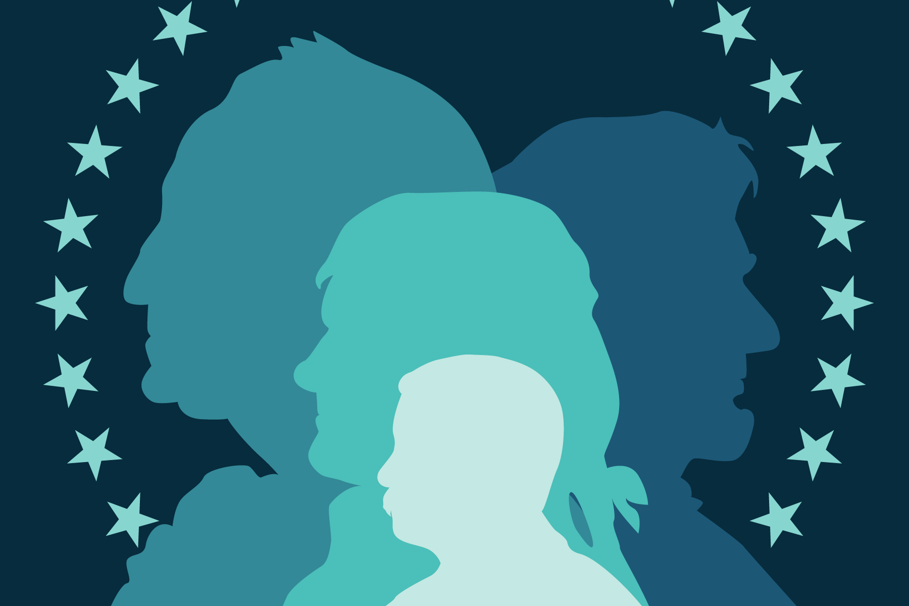 overlaying profile silhouettes of four presidents like you’d typically see on coins with a border of stars around them