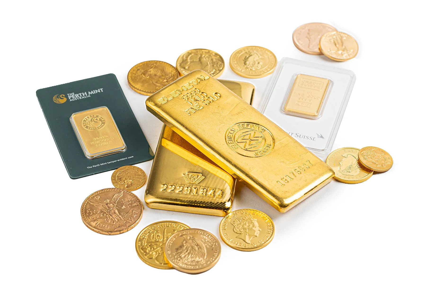 Assorted gold bars and bullion coins including Perth Mint and Credit Suisse on white background